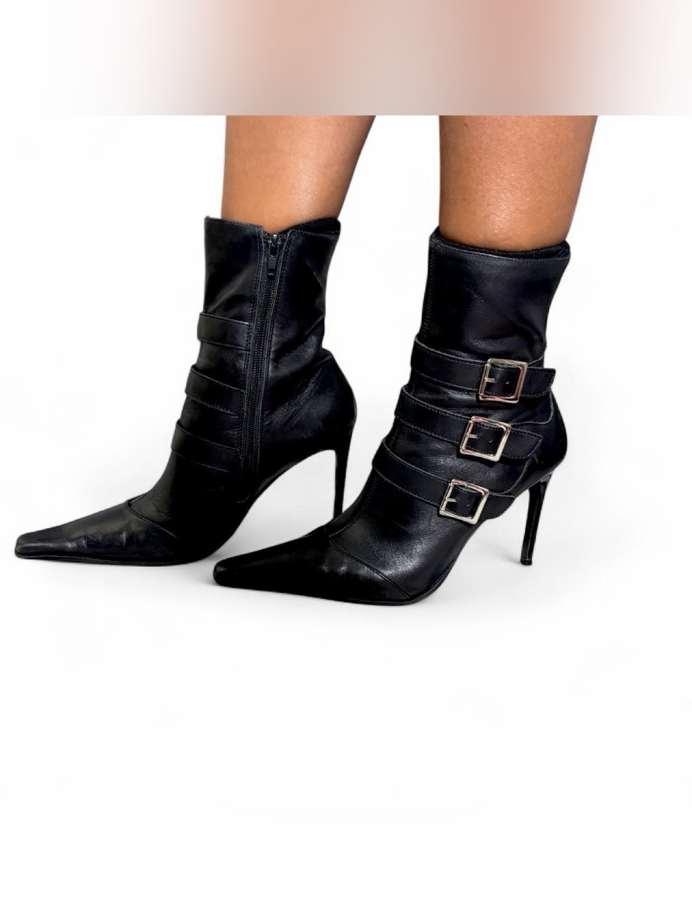 Baker's Black Leather Multi-Buckle Stiletto Ankle Boots